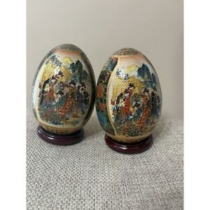 Vtg 5" Satsuma Eggs Chinese  Hand painted Moriage Gilt Porcelain Oriental Geisha